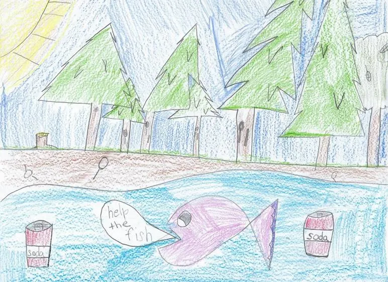 A scanned color pencil drawing featuring a stream with litter, a stream, and trees. In the river is a fish with a quotation bubble reading "Help the fish"