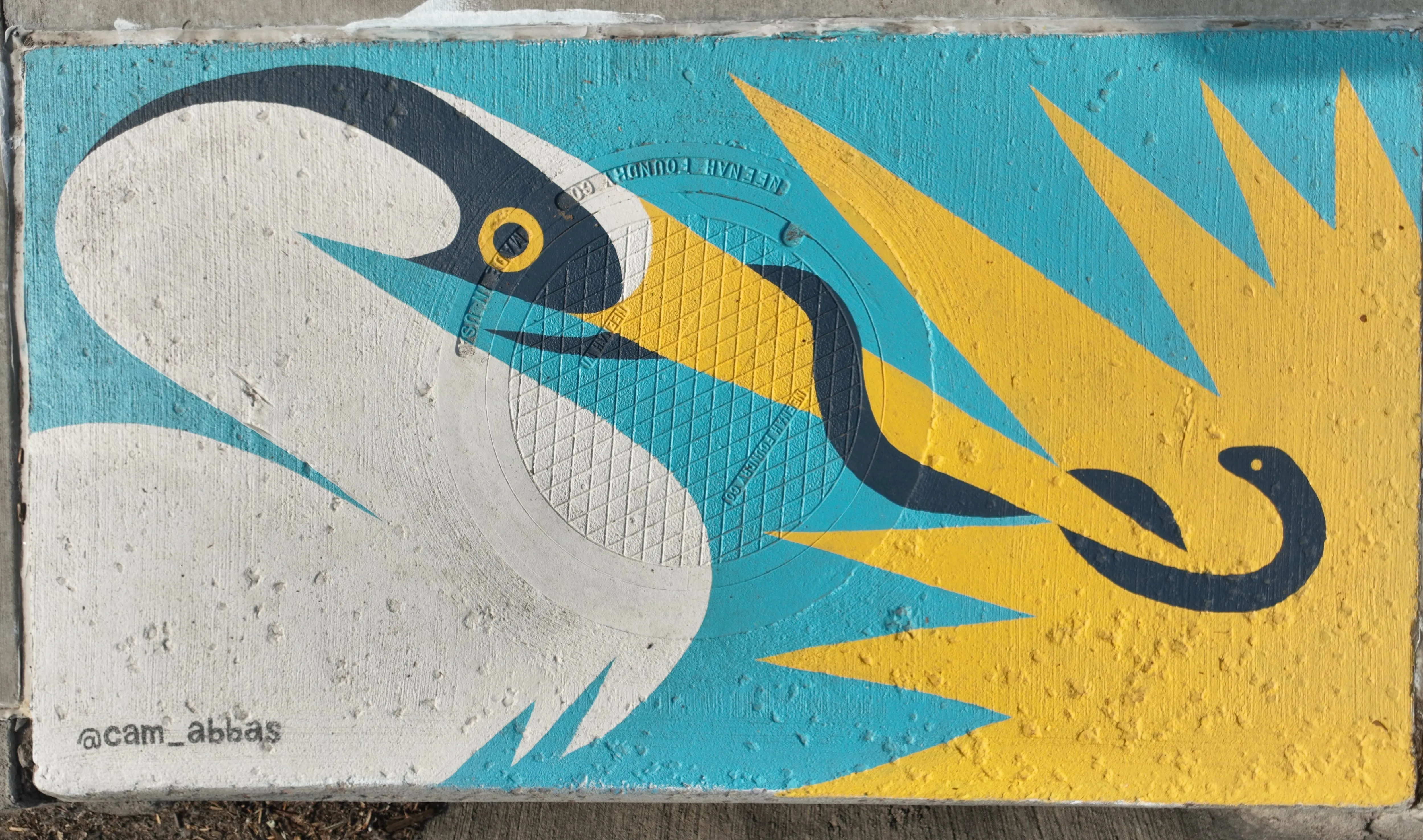 A mural on a storm inlet showing a heron with a large beak around which a black snake is wrapped. A sharp yellow star pattern emerges from the left corner.