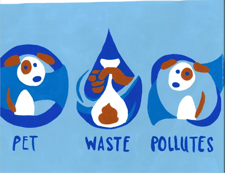 A graphic image with two dogs in cirlces facig a hand holding a bag of waste. Textreads "Pet Waste Polutes