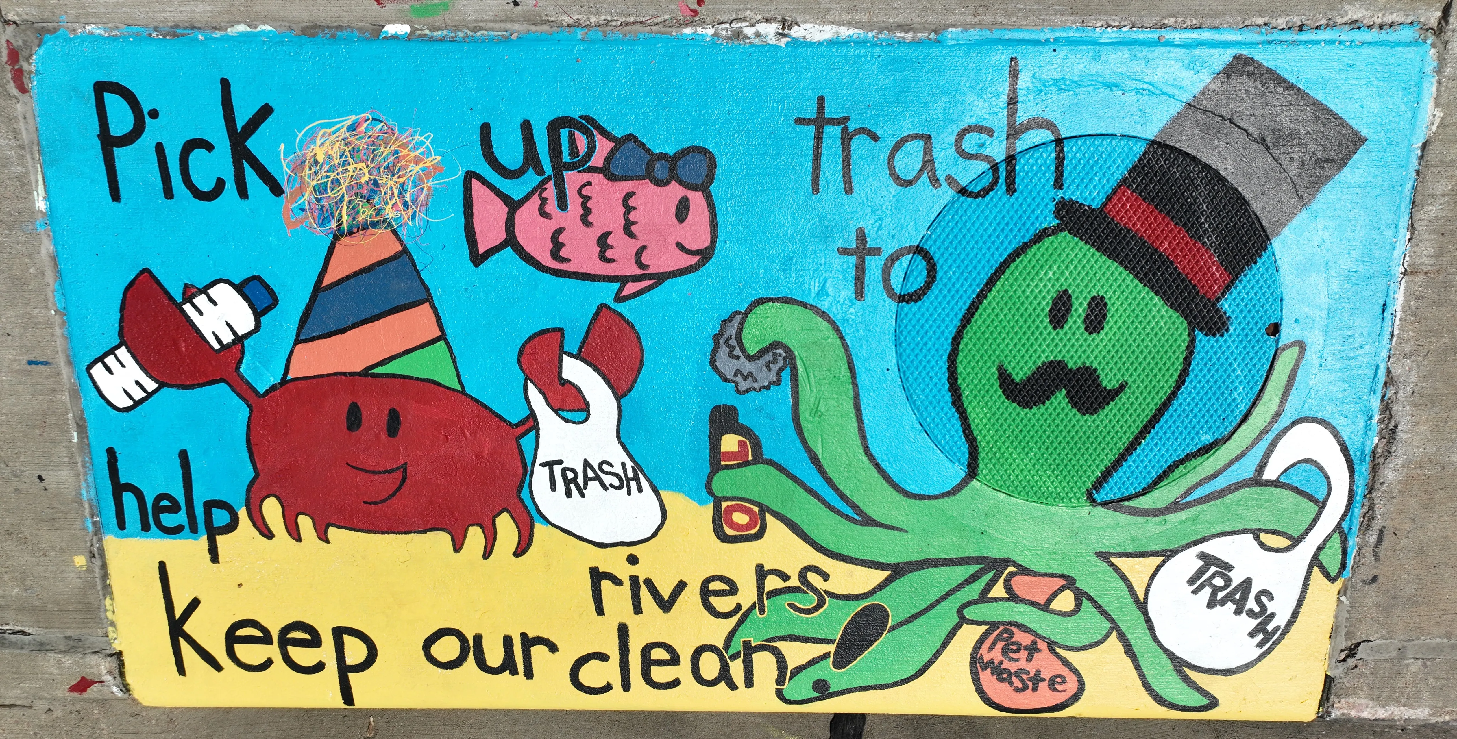 A mural on a storm inlet drain with an octopus with a moustache and a crap wearing a cone party hat. Both are holding waste objects, including bags that say "Trash" and "Pet Waste". Text reads "Pick up trash to help keep our rivers clean"
