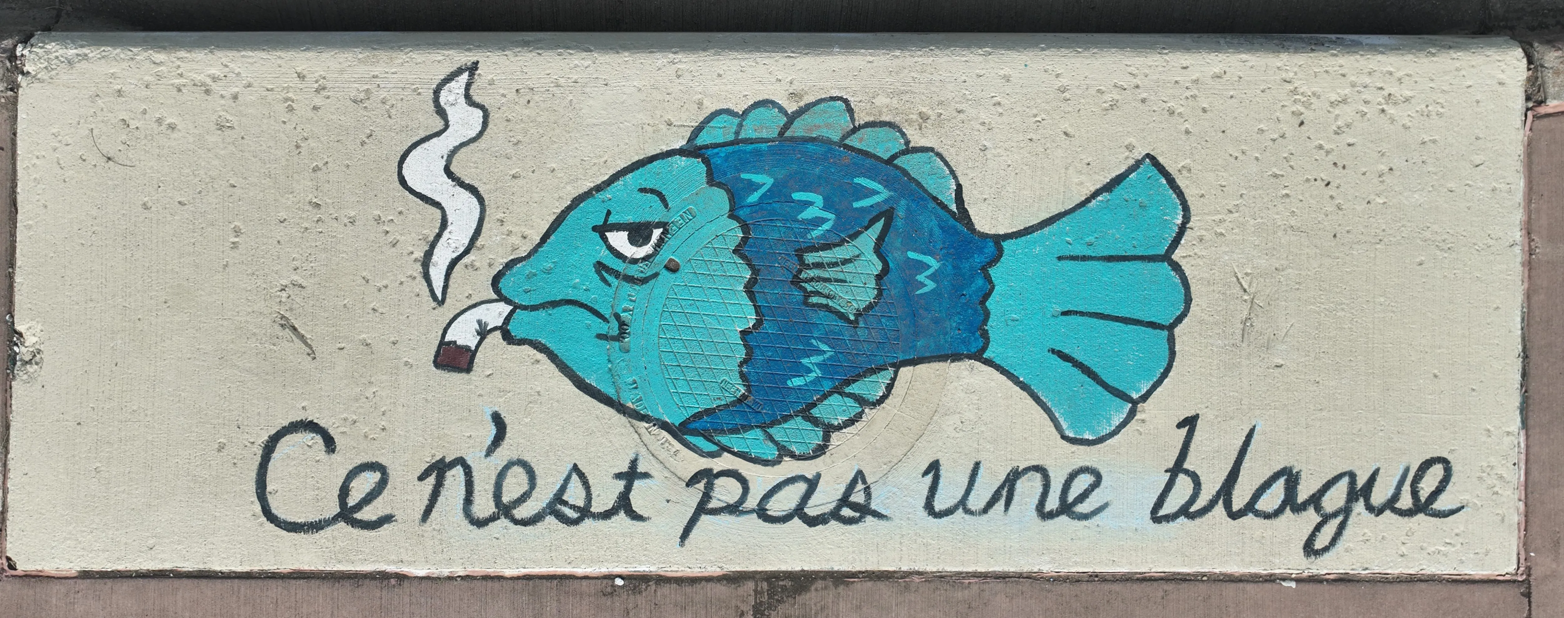 A mural on a storm inlet drain showing the side profile of a blue fish smoking a drooping cigarette and looking to the side. Text reads "Cenest pas une blaque"