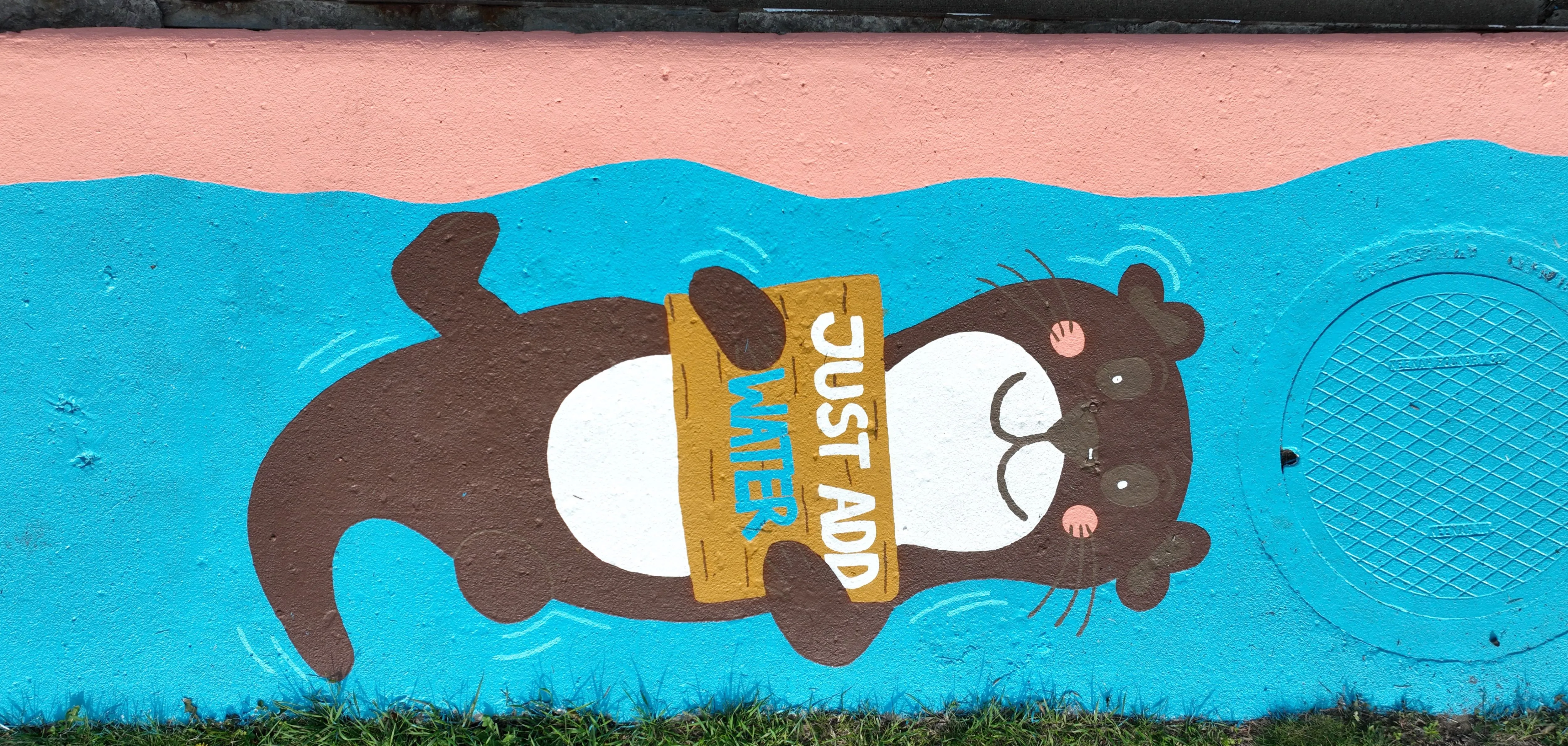 A mural on a storm inlet showing a cartoon otter floating on a blue background with a sign reading "Just add water"