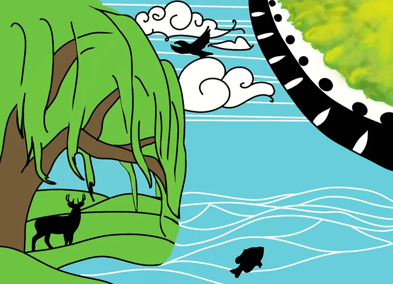 A graphic design featuing a large tree and animals, including a deer bird and fish.