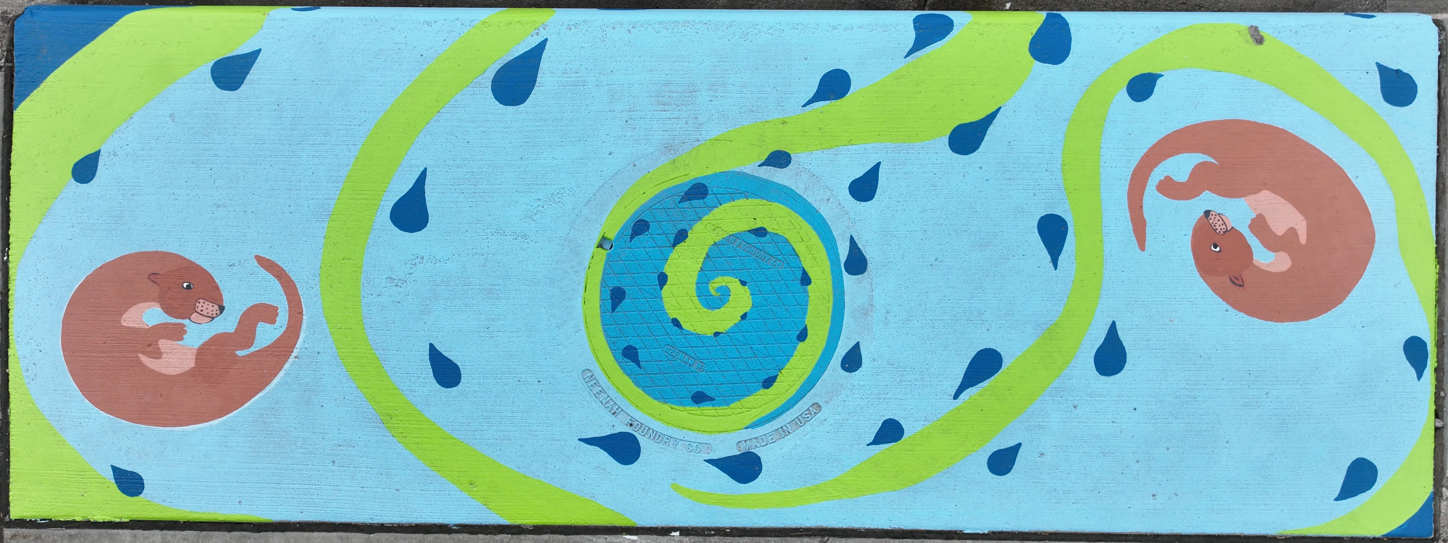 A mural on a stormwater inlet depicting a swirling green line and two curled otters on a blue background.