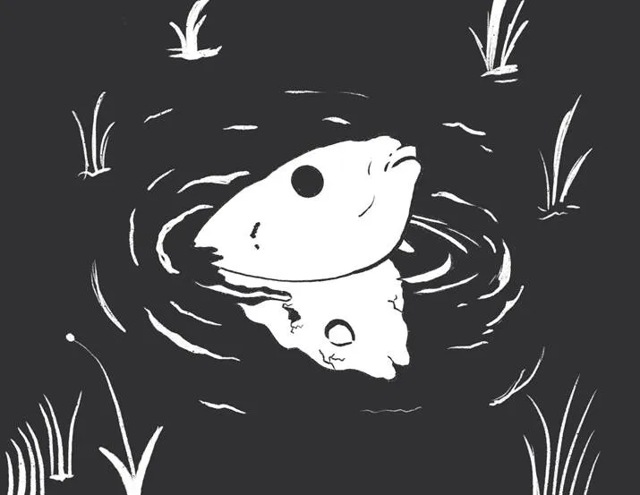 A graphic imagfe depicting a whit fishe pointing ouf the water frm a gray background